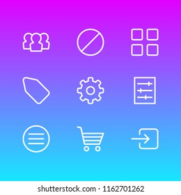 Vector illustration of 9 app icons line style. Editable set of enter, cog, user and other icon elements.