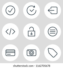 Vector illustration of 9 app icons line style. Editable set of camera, credit card, unlock and other icon elements.