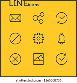 Vector illustration of 9 app icons line style. Editable set of mail, cog, ban and other icon elements.