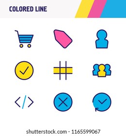 Vector illustration of 9 app icons colored line. Editable set of profile, tag, check and other icon elements.