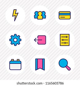 Vector illustration of 9 app icons colored line. Editable set of setting, credit card, search and other icon elements.