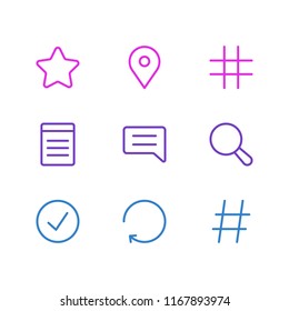 Vector illustration of 9 app icons line style. Editable set of check, comment, hashtag and other icon elements.