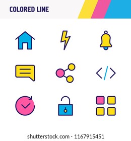 Vector illustration of 9 app icons colored line. Editable set of social, home, bolt and other icon elements.