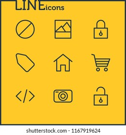 Vector illustration of 9 app icons line style. Editable set of image, ban, code and other icon elements.