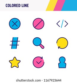 Vector illustration of 9 app icons colored line. Editable set of ban, refresh, hashtag and other icon elements.