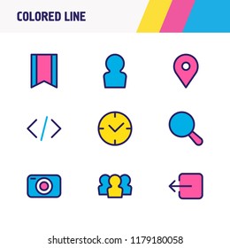 Vector illustration of 9 app icons colored line. Editable set of time, user, profile and other icon elements.