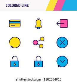 Vector illustration of 9 app icons colored line. Editable set of close, sign out, history and other icon elements.
