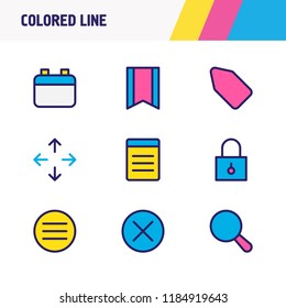 Vector illustration of 9 app icons colored line. Editable set of move, search, tag and other icon elements.