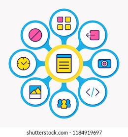 Vector illustration of 9 app icons colored line. Editable set of thumbnails, time, ban and other icon elements.