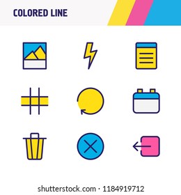 Vector illustration of 9 app icons colored line. Editable set of list, calendar, bolt and other icon elements.