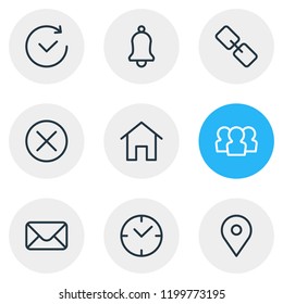 Vector illustration of 9 app icons line style. Editable set of home, user, time and other icon elements.