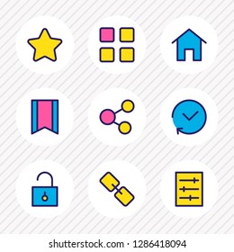 Vector illustration of 9 app icons colored line. Editable set of thumbnails, link, unlock and other icon elements.