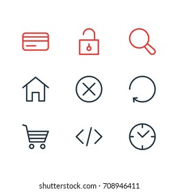 Vector Illustration Of 9 App Icons. Editable Pack Of Magnifier, Padlock, Reload And Other Elements.