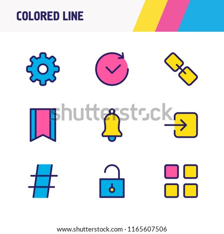Vector illustration of 9 app icons colored line. Editable set of future, hashtag, cog and other icon elements.