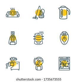 Vector illustration of 9 appliance icons line style. Editable set of electric kettle, electric steamer, home electric phone and other icon elements.