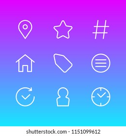 Vector illustration of 9 application icons line style. Editable set of tag, hashtag, menu and other icon elements.