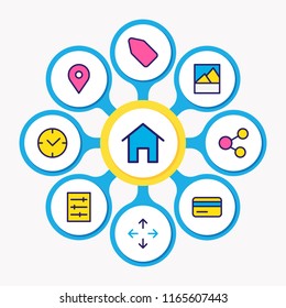 Vector illustration of 9 application icons colored line. Editable set of location, image, social and other icon elements.