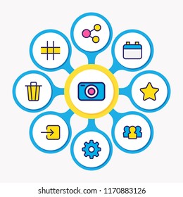 Vector illustration of 9 application icons colored line. Editable set of user, trash can, calendar and other icon elements.