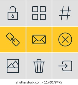 Vector illustration of 9 application icons line style. Editable set of thumbnails, hashtag, close and other icon elements.