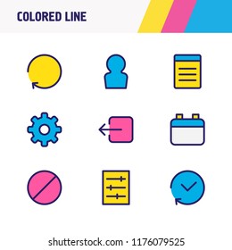 Vector illustration of 9 application icons colored line. Editable set of list, calendar, refresh and other icon elements.