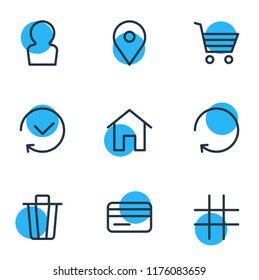Vector illustration of 9 application icons line style. Editable set of trash can, location, home and other icon elements.