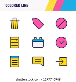 Vector illustration of 9 application icons colored line. Editable set of trash can, setting, tag and other icon elements.