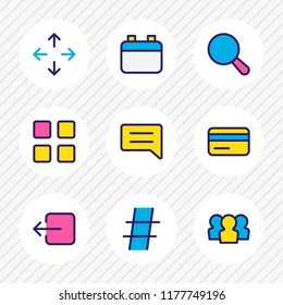 Vector illustration of 9 application icons colored line. Editable set of calendar, search, move and other icon elements.