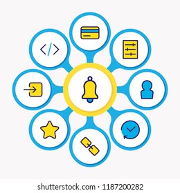 Vector illustration of 9 application icons colored line. Editable set of history, credit card, profile and other icon elements.