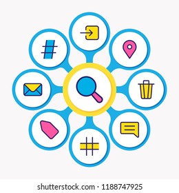 Vector illustration of 9 application icons colored line. Editable set of location, trash can, comment and other icon elements.