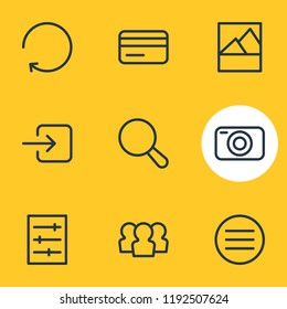 Vector illustration of 9 application icons line style. Editable set of camera, credit card, menu and other icon elements.
