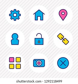 Vector illustration of 9 application icons colored line. Editable set of thumbnails, profile, camera and other icon elements.