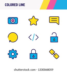 Vector illustration of 9 application icons colored line. Editable set of unlock, comment, link and other icon elements.