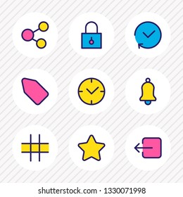 Vector illustration of 9 application icons colored line. Editable set of padlock, bell, star and other icon elements.