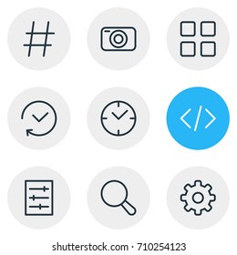Vector Illustration Of 9 Application Icons. Editable Pack Of Photo Apparatus, Gear, Topic And Other Elements.
