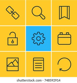 Vector Illustration Of 9 Application Icons. Editable Pack Of Date, Url, Padlock And Other Elements.