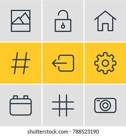 Vector illustration of 9 application icons line style. Editable set of topic, gear, house and other elements.