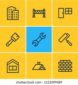 Vector illustration of 9 architecture icons line style. Editable set of brush, building, house and other icon elements.