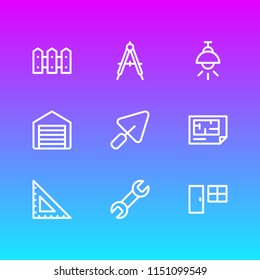 Vector illustration of 9 architecture icons line style. Editable set of wrench, plan, lamp and other icon elements.