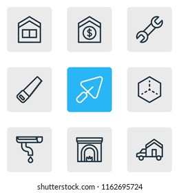 Vector illustration of 9 architecture icons line style. Editable set of wrench, sell house, gutter and other icon elements.