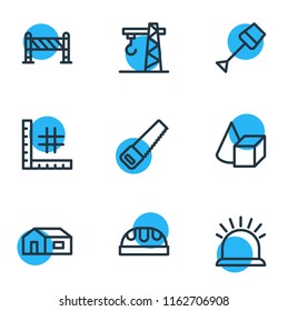 Vector illustration of 9 architecture icons line style. Editable set of barrier, saw, figures and other icon elements.