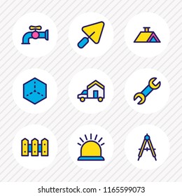 Vector illustration of 9 architecture icons colored line. Editable set of fence, house 3d, shovel and other icon elements.