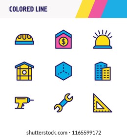 Vector illustration of 9 architecture icons colored line. Editable set of framing, building, sell house and other icon elements.