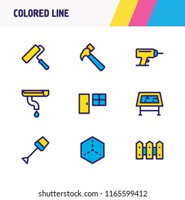 Vector illustration of 9 architecture icons colored line. Editable set of hammer, painting, house 3d and other icon elements.