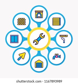 Vector illustration of 9 architecture icons colored line. Editable set of fireplace, water crane, window and other icon elements.