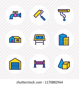 Vector illustration of 9 architecture icons colored line. Editable set of home, barrier, painting and other icon elements.