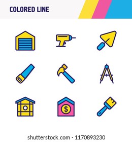 Vector illustration of 9 architecture icons colored line. Editable set of hammer, compass, garage and other icon elements.