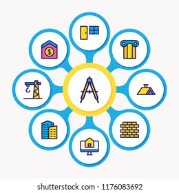 Vector illustration of 9 architecture icons colored line. Editable set of compass, crane, roof and other icon elements.