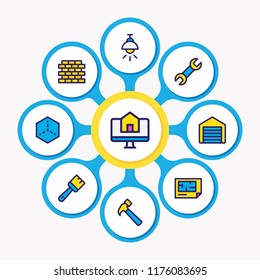 Vector illustration of 9 architecture icons colored line. Editable set of garage, house 3d, brick and other icon elements.