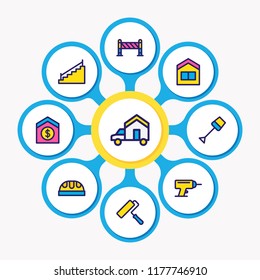 Vector illustration of 9 architecture icons colored line. Editable set of sell house, spade, barrier and other icon elements.