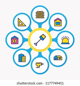Vector illustration of 9 architecture icons colored line. Editable set of ruler, drill, brick and other icon elements.